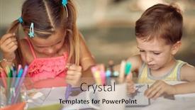  Presentation with children - Colorful PPT theme enhanced with happy-cute-children-sitting backdrop and a coral colored foreground