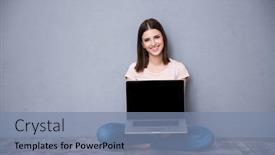  Presentation with laptop blank screen - Presentation design with happy cute woman sitting on the floor and showing blank laptop screen background and a seafoam green colored foreground