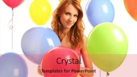  Presentation with happy birthday multicorored balloons - Cool new theme with happy cute woman with balloons backdrop and a red colored foreground