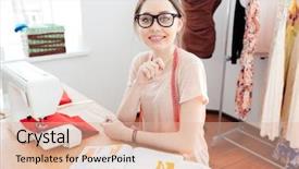 Presentation with patterns - Audience pleasing presentation theme consisting of happy cute young woman seamstress working on sewing machine and using notebook with small patterns at the table backdrop and a lemonade colored foreground
