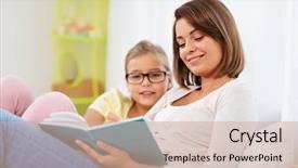  Presentation with family reading - Audience pleasing presentation theme consisting of happy daughter with mother read backdrop and a soft green colored foreground