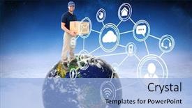  Presentation with sky blue - Slide set featuring happy delivery man holding cardboard background and a  colored foreground