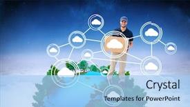  Presentation with blue sky - PPT layouts enhanced with happy delivery man holding cardboard background and a  colored foreground