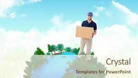  Presentation with sky diving man falling - Amazing presentation theme having happy delivery man holding cardboard backdrop and a  colored foreground