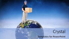  Presentation with plain clear navy blue blue and white cloudy - Slide set with happy delivery man holding cardboard background and a  colored foreground