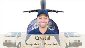  Presentation with logistics - Presentation theme consisting of happy delivery man holding cardboard background and a  colored foreground