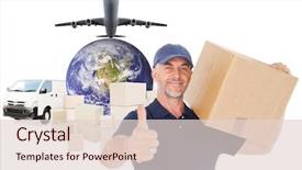  Presentation with logistics - Cool new slide set with happy delivery man holding cardboard backdrop and a lemonade colored foreground