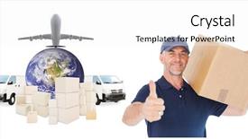  Presentation with logistics - Slide set having happy delivery man holding cardboard background and a white colored foreground