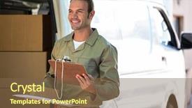  Presentation with delivery van - Presentation theme with happy delivery man holding cardboard background and a  colored foreground