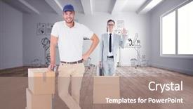  Presentation with doodle - Slides with happy delivery man leaning on trolley of boxes against doodle office in room background and a coral colored foreground