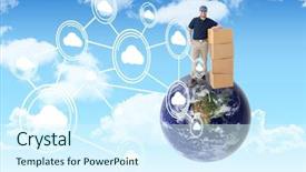  Presentation with blue sky - Audience pleasing PPT theme consisting of happy delivery man with cardboard backdrop and a sky blue colored foreground
