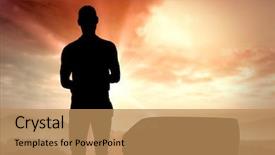  Presentation with shining - Presentation design having happy delivery man with cardboard box and clipboard against sun shining over mountains background and a coral colored foreground