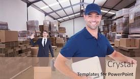  Presentation with forklift - Amazing PPT layouts having happy delivery man with cardboard box and clipboard against forklift in a large warehouse backdrop and a coral colored foreground