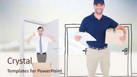  Presentation with doodle - Cool new PPT theme with happy delivery man with cardboard box and clipboard against doodle doors in the clouds backdrop and a lemonade colored foreground