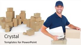 Presentation with cardboard - Cool new PPT theme with happy delivery man with cardboard box and clipboard against stack of cardboard box on white background backdrop and a lemonade colored foreground