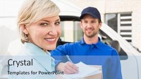  Presentation with happy sad face man - PPT theme with happy delivery man with customer background and a light blue colored foreground