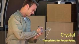  Presentation with delivery van - Presentation theme having happy delivery man writing background and a violet colored foreground