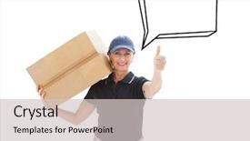  Presentation with boxing woman and a tawny - Colorful presentation theme enhanced with happy delivery woman holding cardboard backdrop and a  colored foreground
