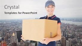 Presentation with new york - Cool new PPT theme with happy delivery woman holding cardboard box against new york backdrop and a white colored foreground