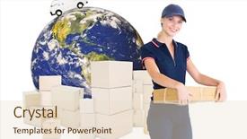  Presentation with cardboard - Slide set enhanced with happy delivery woman holding cardboard background and a lemonade colored foreground