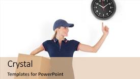  Presentation with black woman - Amazing presentation design having happy delivery woman holding cardboard box and pointing up against black clock backdrop and a lemonade colored foreground
