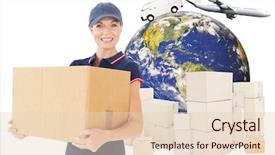  Presentation with logistics - Slide set enhanced with happy delivery woman holding cardboard background and a lemonade colored foreground