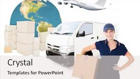  Presentation with cardboard - Colorful presentation design enhanced with happy delivery woman holding cardboard backdrop and a light gray colored foreground