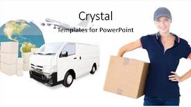  Presentation with cardboard - Cool new slide deck with happy delivery woman holding cardboard backdrop and a white colored foreground