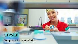  Presentation with dental - Colorful theme enhanced with bridging education - happy dental technician working backdrop and a light blue colored foreground