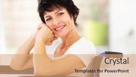  Presentation with aged - Slide set with happy disabled middle aged woman background and a coral colored foreground