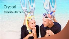  Presentation with summer time - Colorful presentation design enhanced with happy diver couple lying down on the beach wearing mask and flippers for snorkeling enjoying extreme water sport active summer time vacation backdrop and a cool aqua colored foreground
