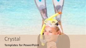 Presentation with resort - PPT theme having happy diver woman lying down on the beach wearing flippers and snorkeling mask having fun on beach resort enjoy water sport and active summer vacation background and a lemonade colored foreground