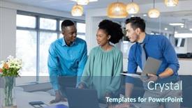  Presentation with global laptop - PPT theme having happy-diverse-business-people-using background and a ocean colored foreground