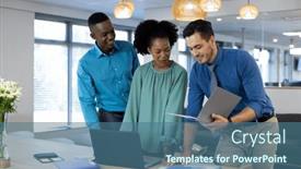  Presentation with global laptop - PPT layouts with happy-diverse-business-people-using background and a ocean colored foreground