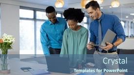  Presentation with global laptop - Presentation consisting of happy-diverse-business-people-using background and a ocean colored foreground