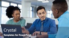  Presentation with global laptop - PPT theme having happy-diverse-business-people-using background and a ocean colored foreground