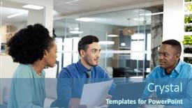  Presentation with global laptop - PPT theme featuring happy-diverse-business-people-using background and a ocean colored foreground