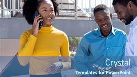  Presentation with diverse business people - Slide set having happy-diverse-business-people-using background and a ocean colored foreground