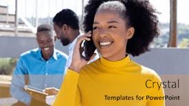  Presentation with diverse business people - PPT theme with happy-diverse-business-people-using background and a gold colored foreground