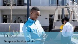  Presentation with global laptop - Presentation theme enhanced with happy-diverse-business-people-using background and a light blue colored foreground