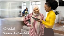  Presentation with corporation - Presentation theme having happy-diverse-businesswomen-with-tablet background and a coral colored foreground