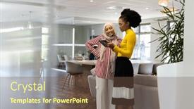  Presentation with corporation - Presentation theme featuring happy-diverse-businesswomen-with-tablet background and a tawny brown colored foreground