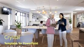  Presentation with corporation - PPT layouts having happy-diverse-businesswomen-with-tablets background and a tawny brown colored foreground