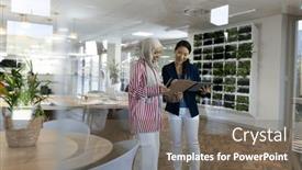  Presentation with corporation - Theme consisting of happy-diverse-businesswomen-with-tablets background and a gray colored foreground