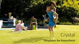  Presentation with party time - Slides with happy-diverse-couple-giving-each background and a yellow colored foreground