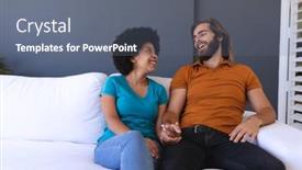  Presentation with hands holding - Colorful theme enhanced with happy-diverse-couple-sitting backdrop and a gray colored foreground