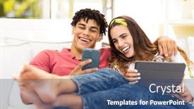  Presentation with living life - Presentation consisting of happy-diverse-couple-using-smartphone background and a ocean colored foreground