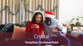  Presentation with santa - Presentation design enhanced with happy-diverse-couple-wearing-santa background and a tawny brown colored foreground