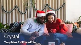  Presentation with santa - Slide set with happy-diverse-couple-wearing-santa background and a ocean colored foreground