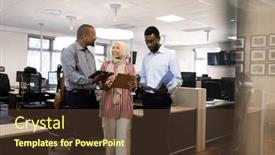  Presentation with corporation - Presentation theme consisting of happy-diverse-female-and-male background and a tawny brown colored foreground